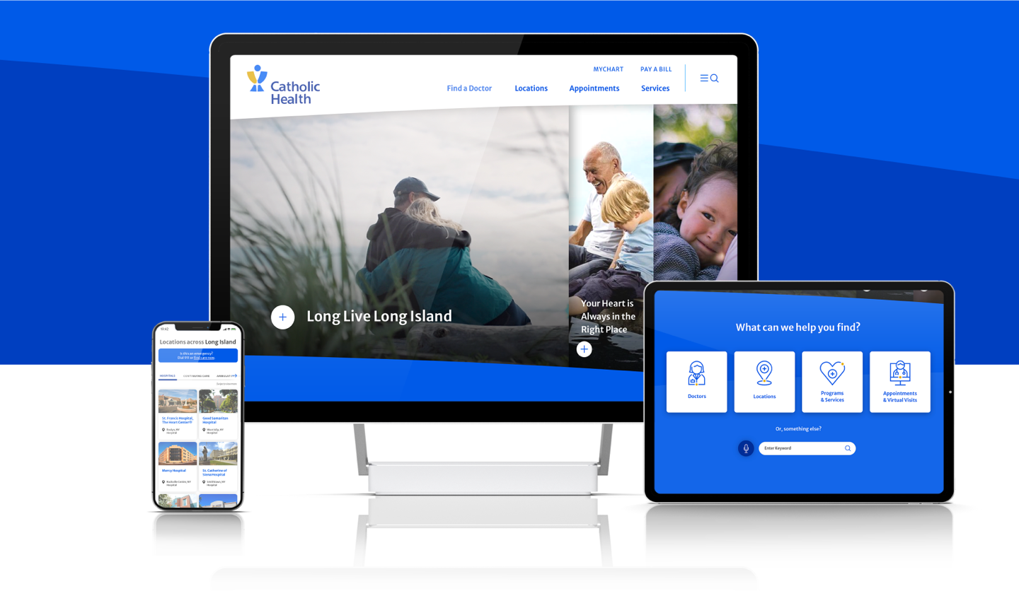 Image of a computer screen, tablet and phone showing the Catholic Health website