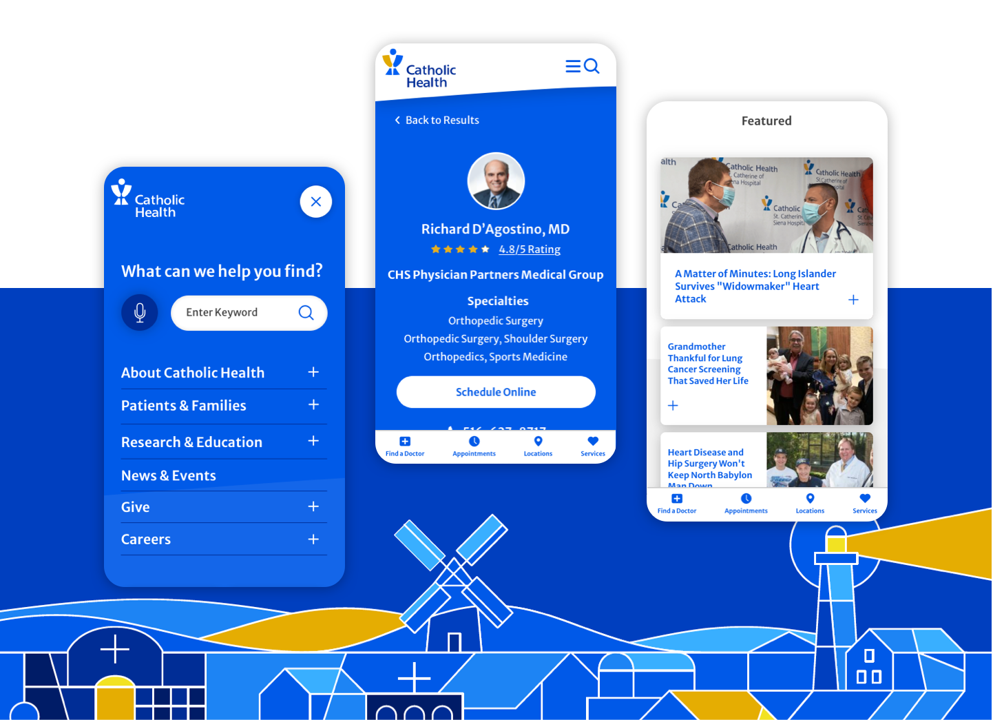 Image of three mobile views of the Catholic Health website