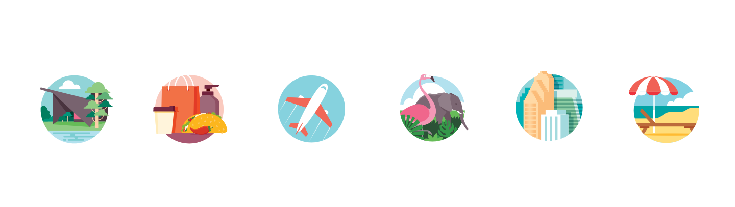 Icons of camping, food, travel, wildlife, the city, and the beach used in the Rice University Virtual Tour