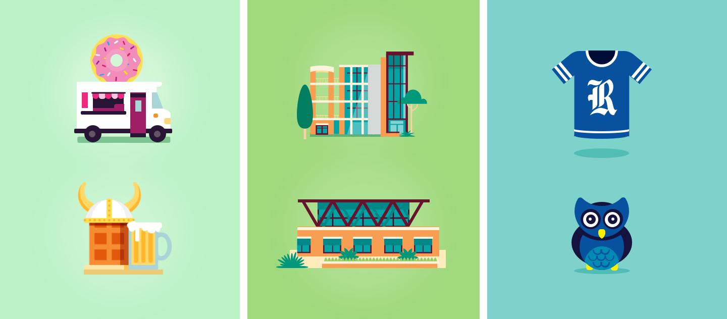 Images of a donut truck, beer, campus buildings, a jersey, and an owl mascot used in the Rice University Virtual Tour
