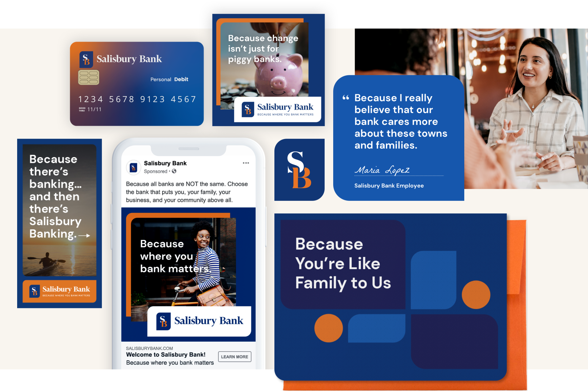 Campaign materials including posters, ads, logo, and debit card design.