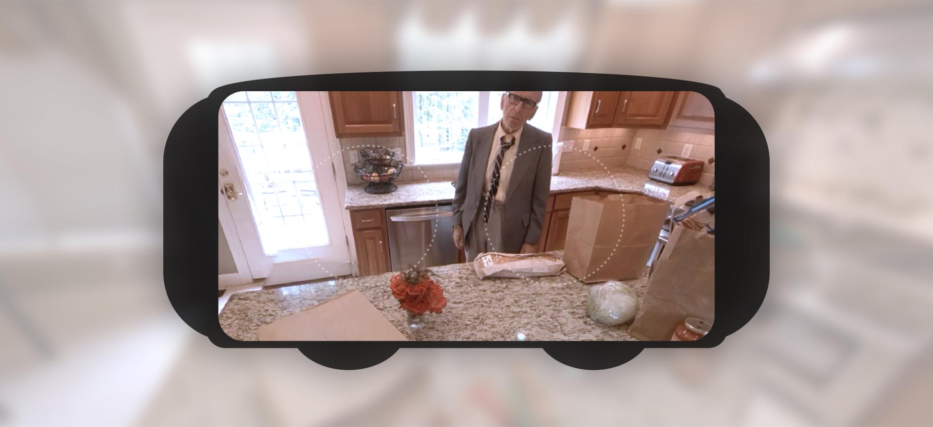 VR headset showing a still of the SCAN Trading Ages VR scene