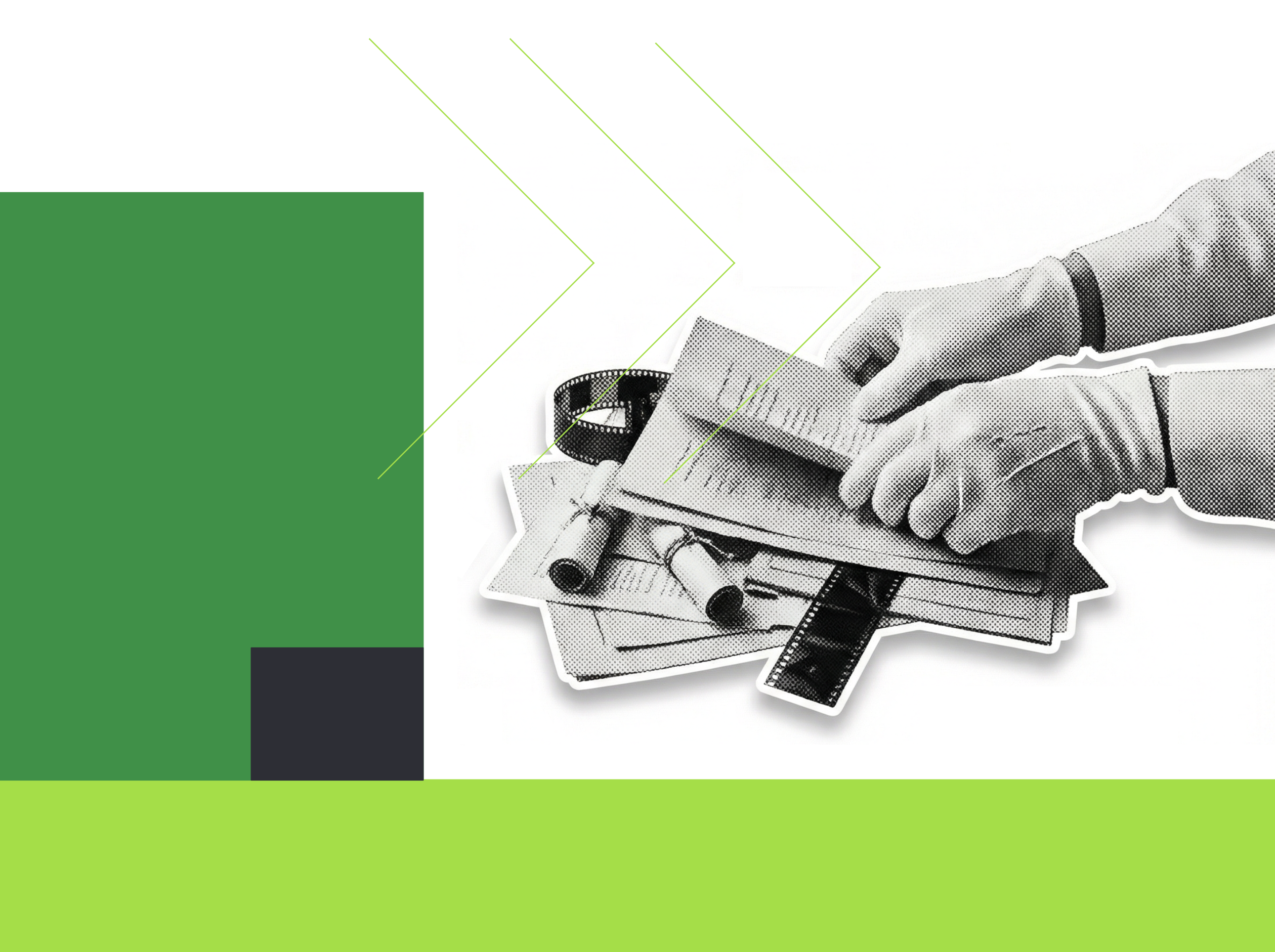 Hands sorting research papers and notes in a black-and-white halftone collage with green arrows, suggesting how AI assistants select and cite sources