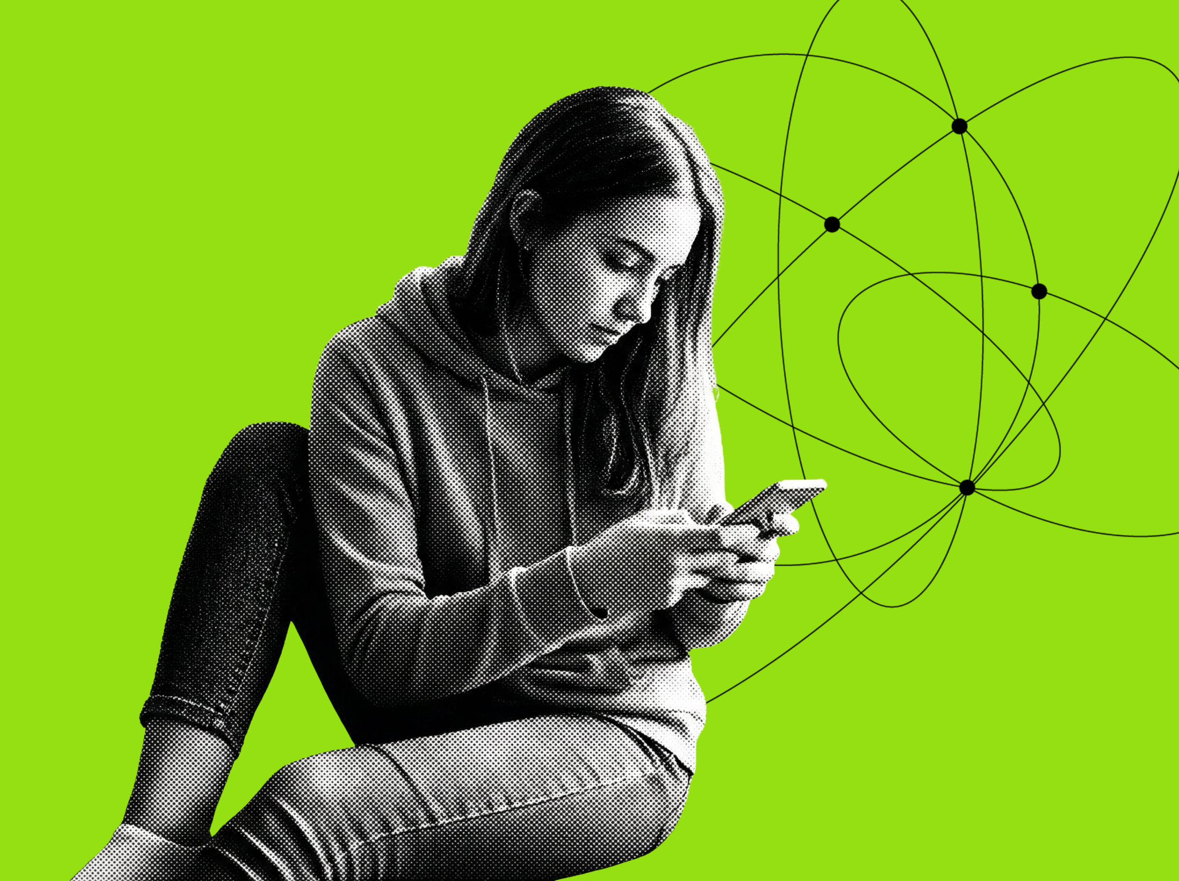 Black-and-white halftone image of a teenage student sitting and looking down at a smartphone, set against a bright green background with abstract orbital lines suggesting AI-driven decision-making